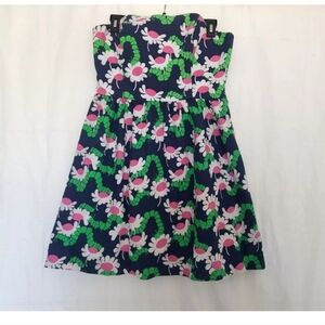 Lilly Pulitzer Lottie Navy Yum Yum Floral Vintage Slub Strapless Dress US 10
